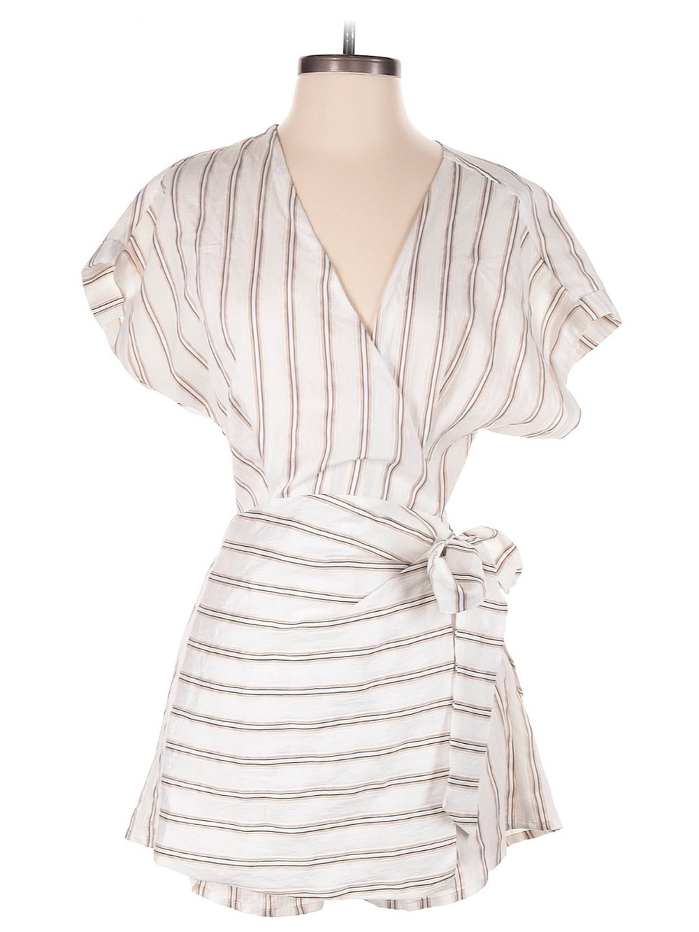 Striped Tie-Waist Romper in Ivory and Tan